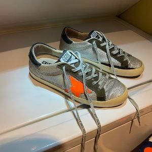sparkly golden goose deluxe brand shoes with neon orange star(100% authentic)